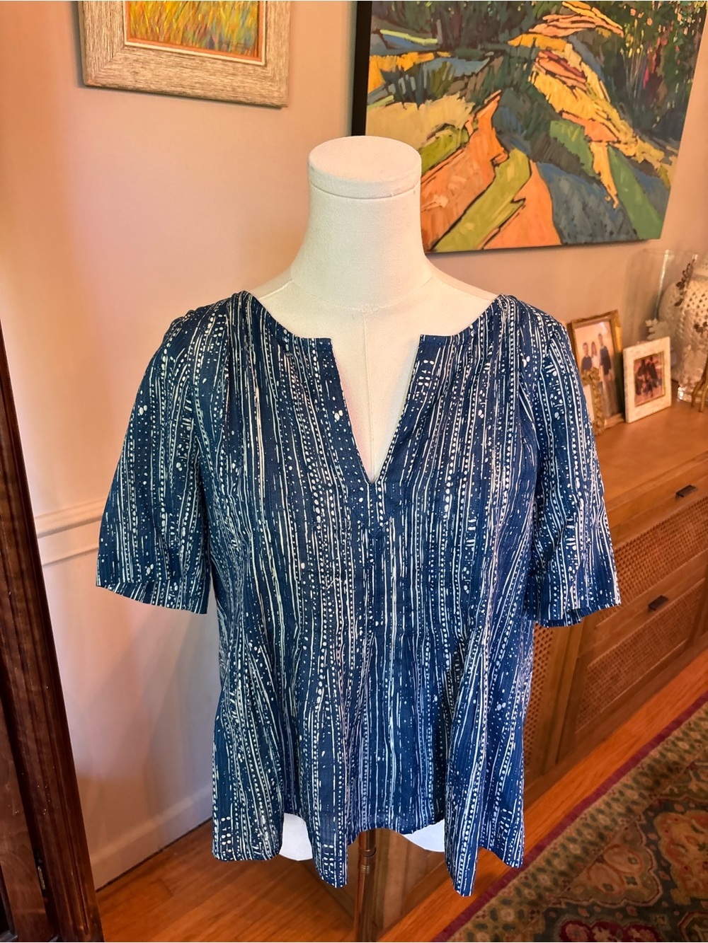 Maeve Navy Blue Patterned Split V-Neck Tunic